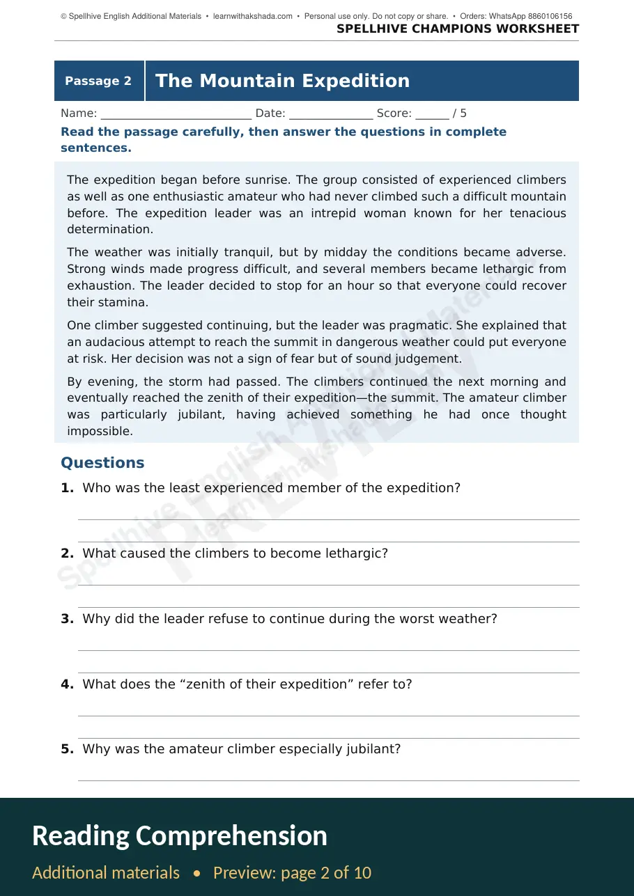 Sample page of Reading Comprehension