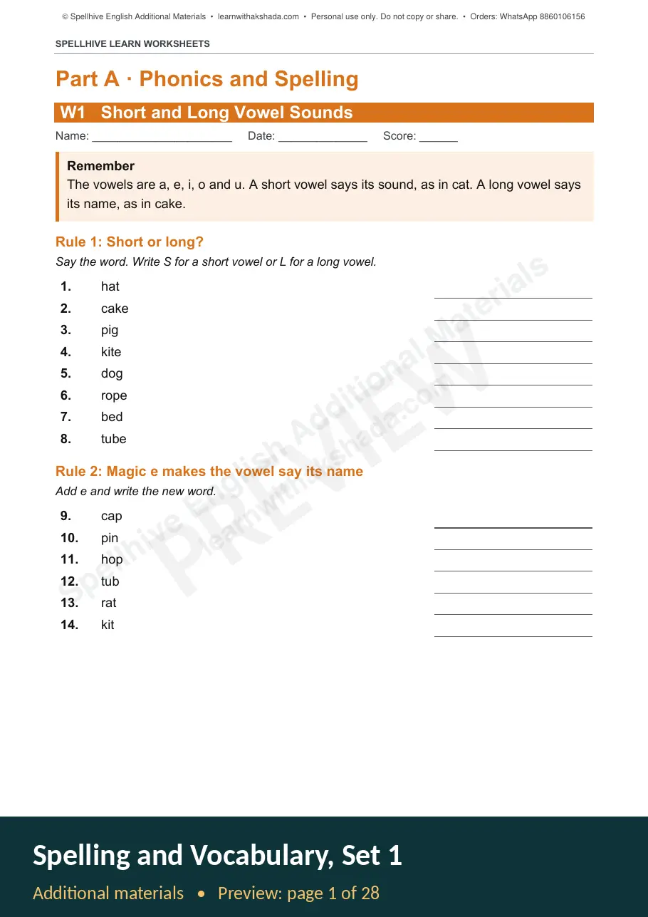 Sample page of Spelling and Vocabulary, Set 1