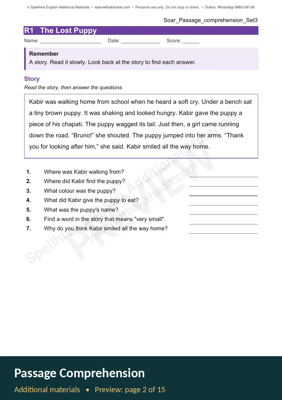 Sample page of Passage Comprehension