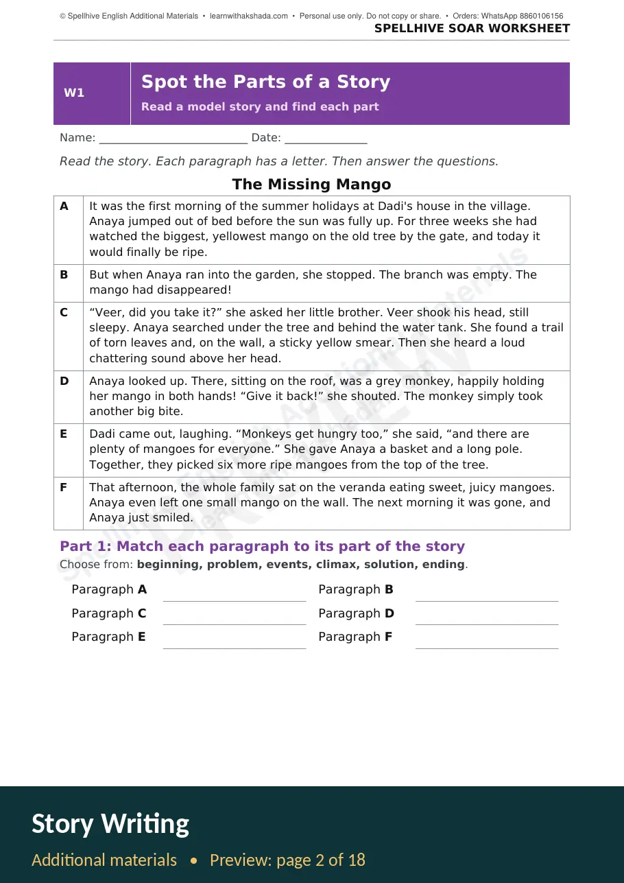 Sample page of Story Writing