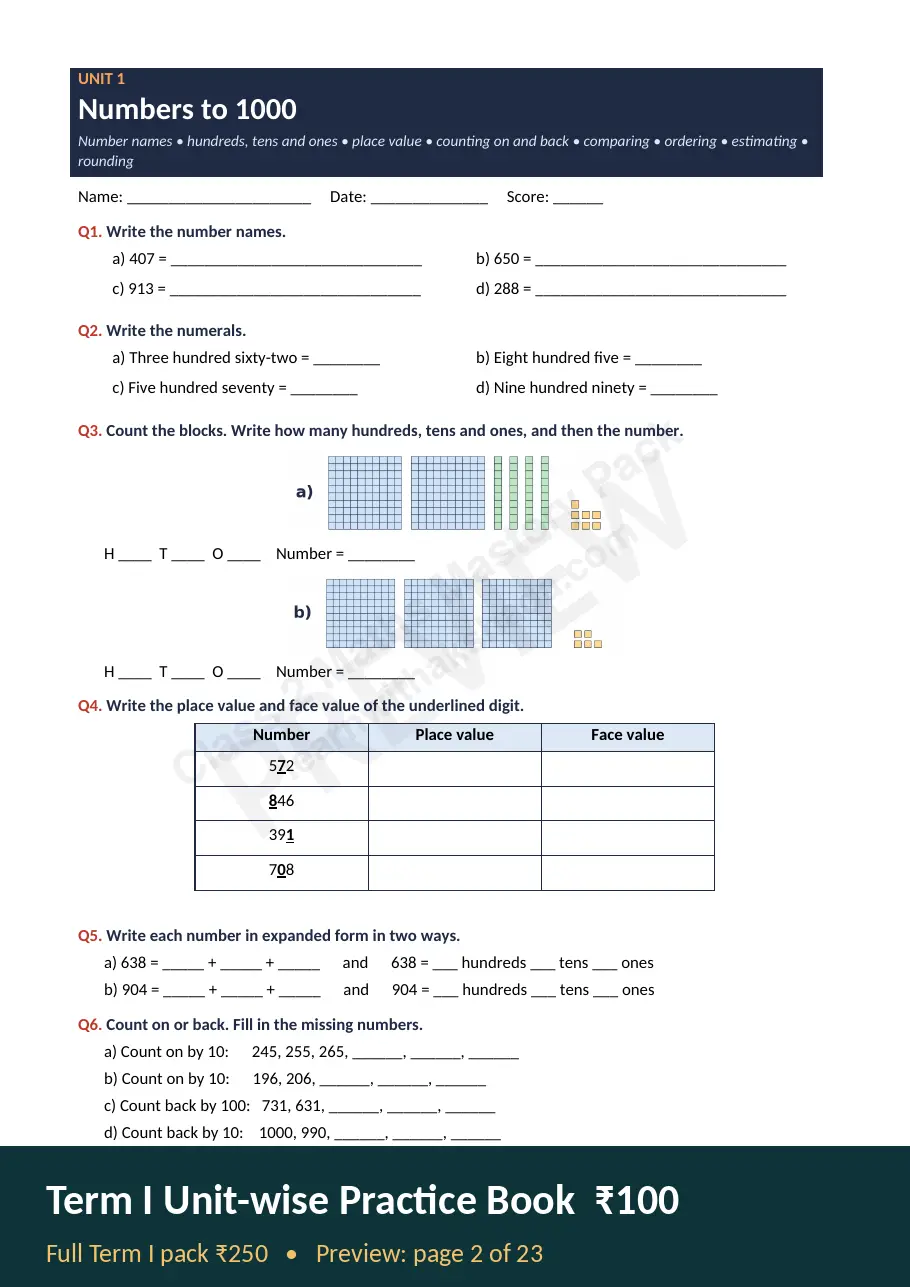 Sample page of Unit-wise Practice Book